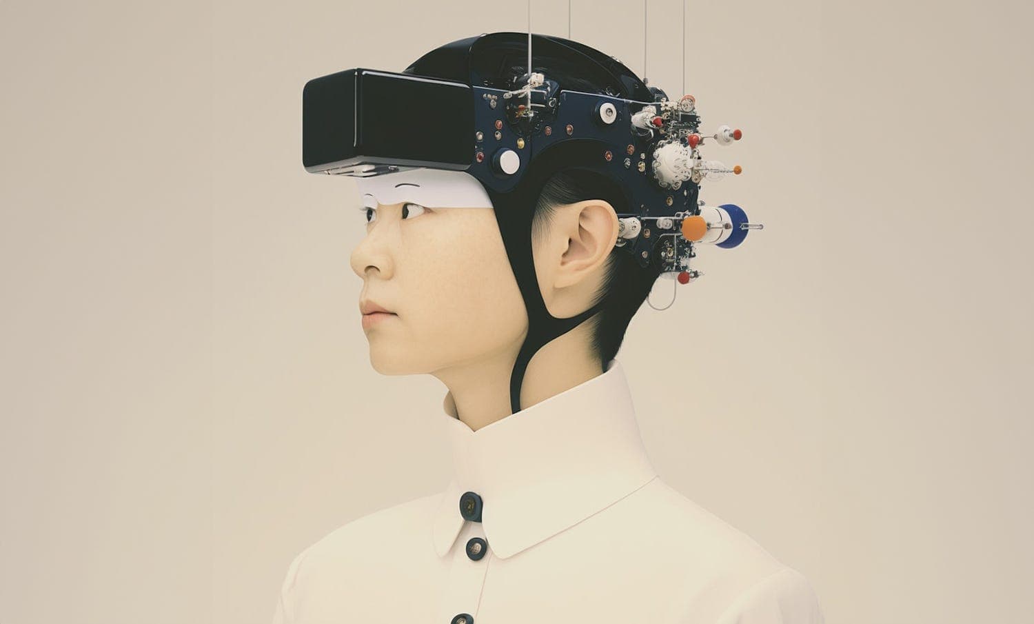 Pessoa de perfil usando um capacete com visor escuro e componentes eletrônicos, em fundo bege