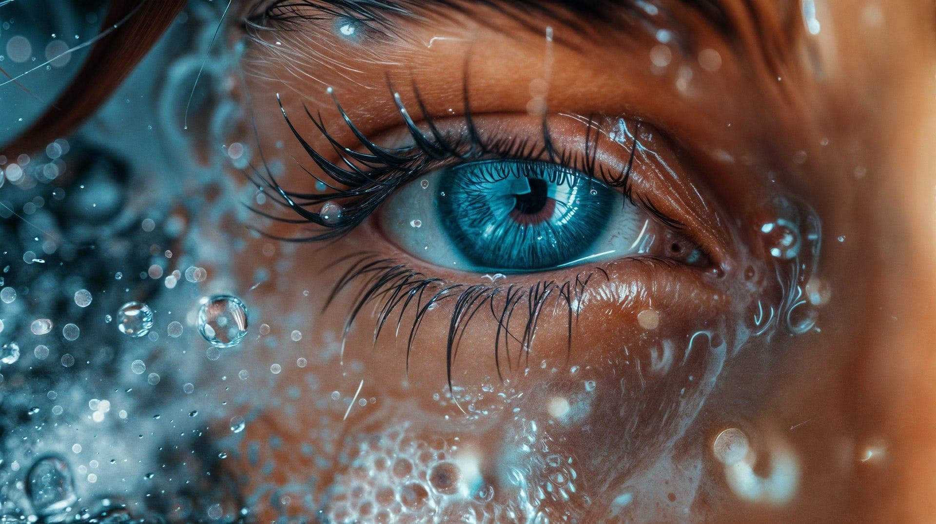 Close do olho azul de uma pessoa, com gotas de água e cílios molhados ao redor