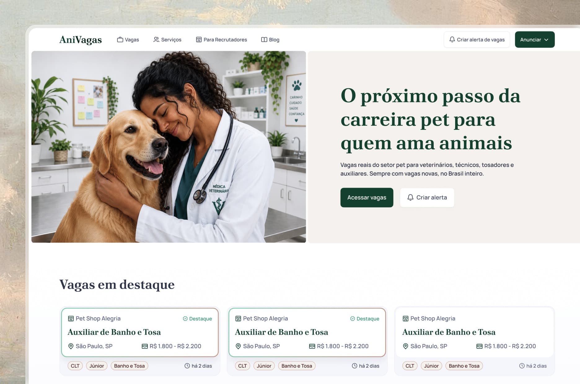 A home do AniVagas no desktop: o hero, com uma veterinária abraçando um golden retriever, e as vagas em destaque