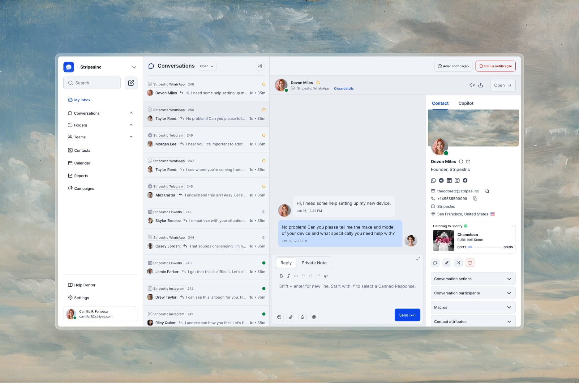 The StripesInc inbox on desktop: the sidebar, the conversation list with the channel and last message of each, and the contact panel of Devon Miles, over a painted sky