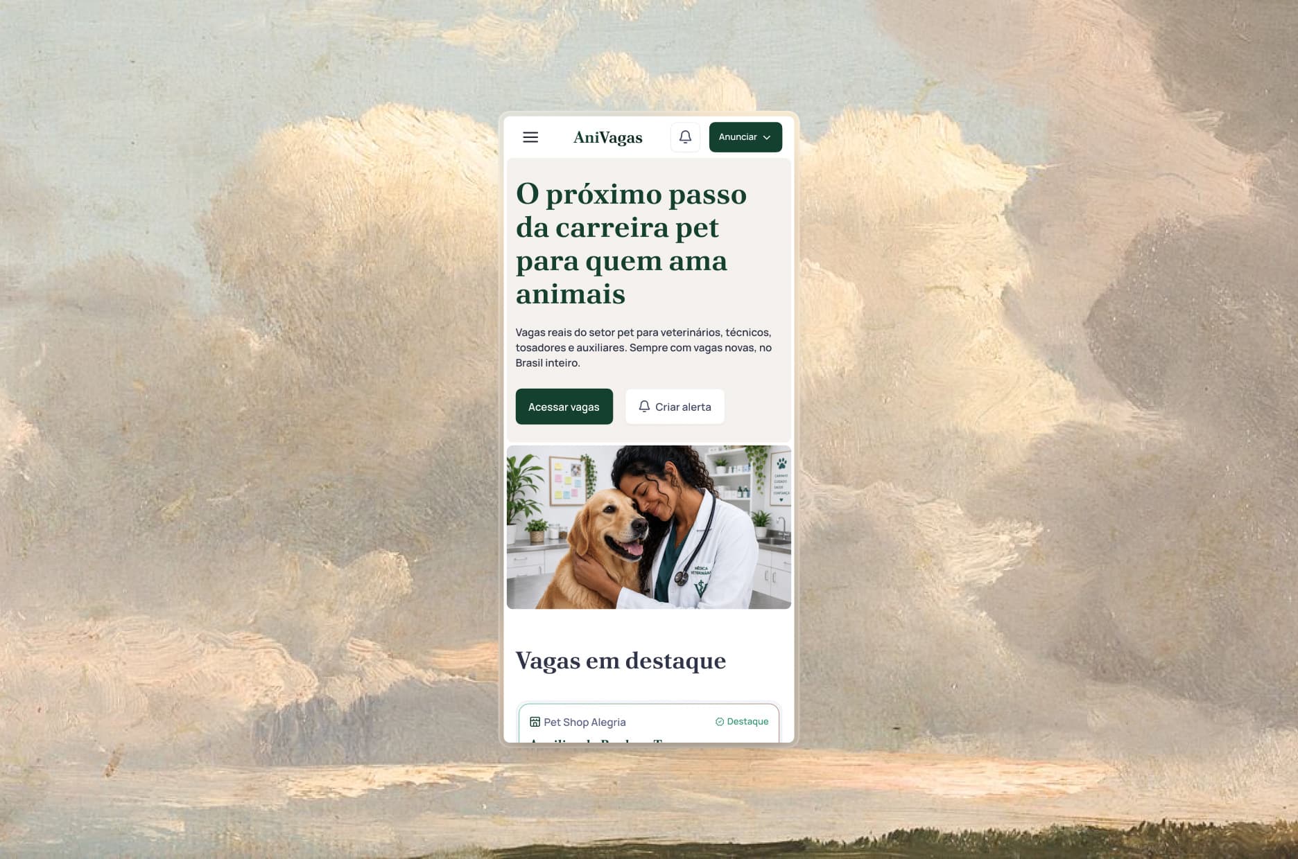 A home do AniVagas no celular