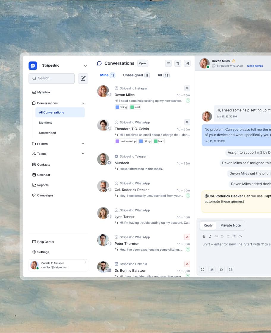 The StripesInc conversation inbox over a painted cloudy sky