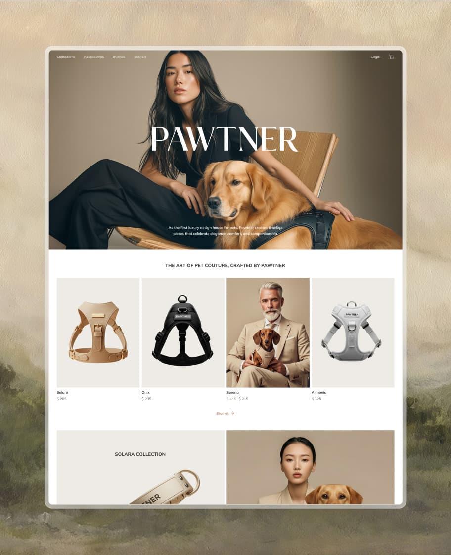 The Pawtner home page, with a woman and her golden retriever in the hero, over a painted sky