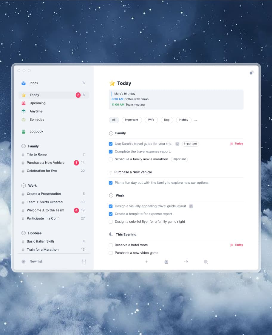 The Stripes To-Do App window, with the sidebar and the Today list, over a starry night sky and clouds