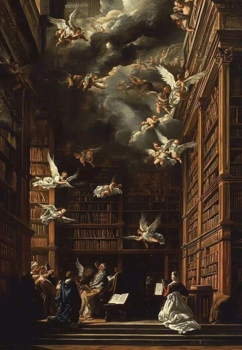 Pintura de uma biblioteca barroca com anjos entre as nuvens