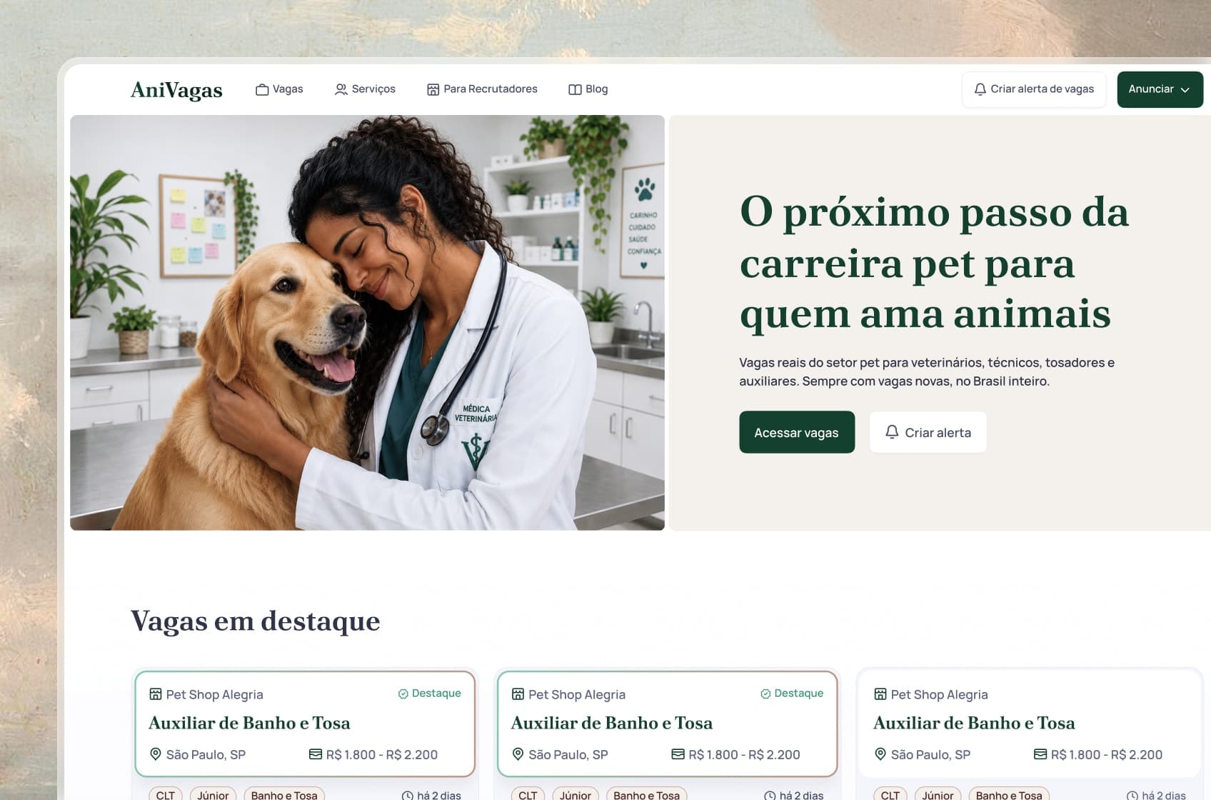 A home do AniVagas num navegador, sobre um céu pintado