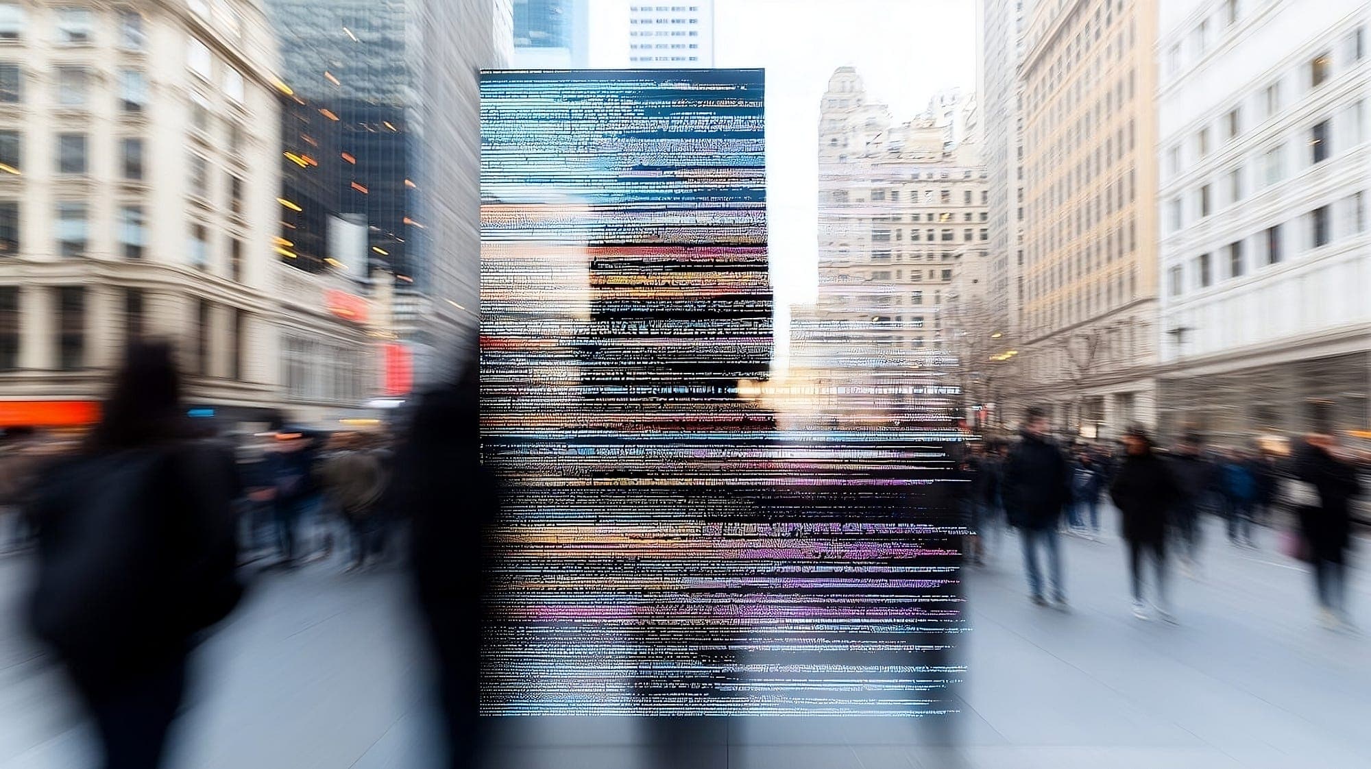 Pessoas borradas numa rua movimentada, com uma tela alta de código distorcido em linhas coloridas no meio