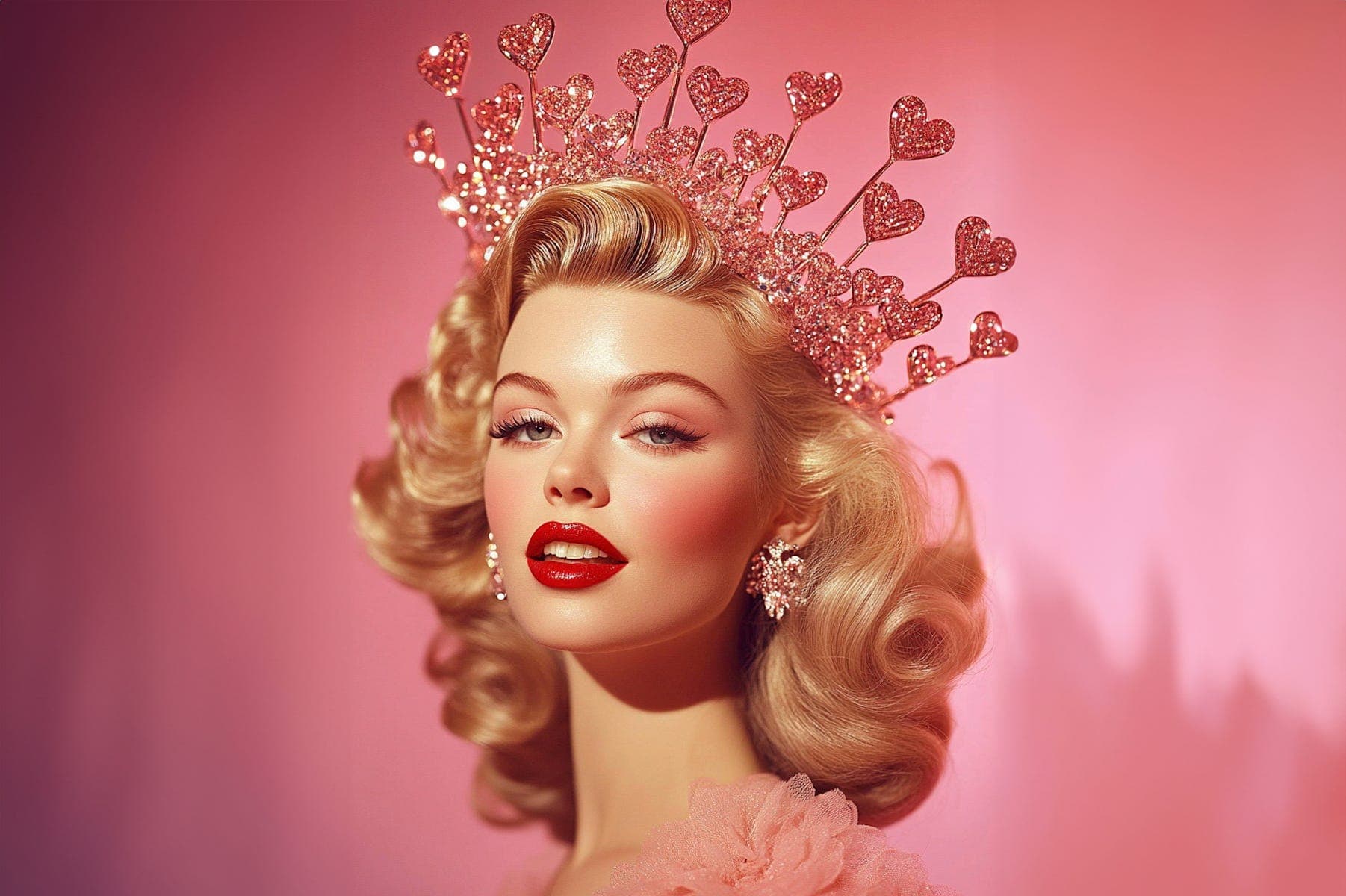 Mulher loira de penteado ondulado com uma coroa de corações cintilantes rosa sobre fundo rosa