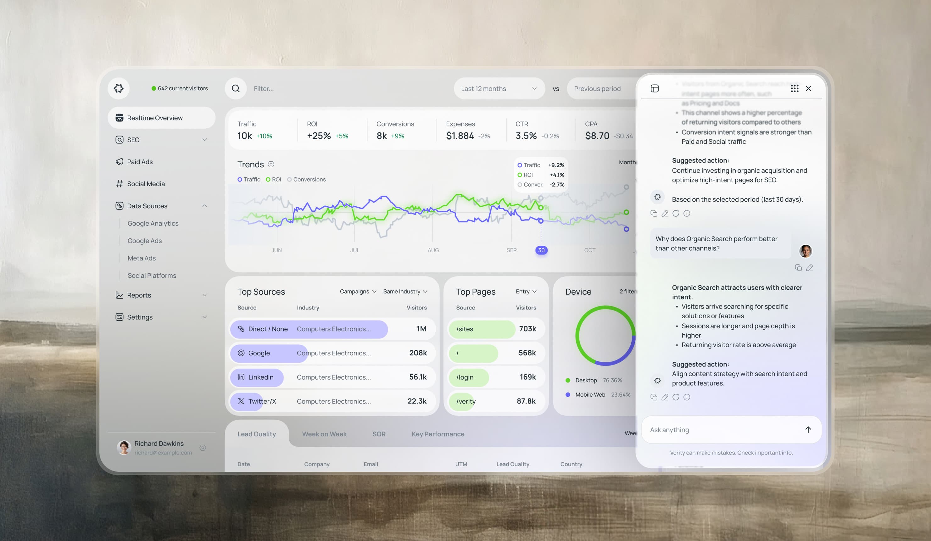 The Verity dashboard with the AI assistant open on the right, over a hazy painted landscape