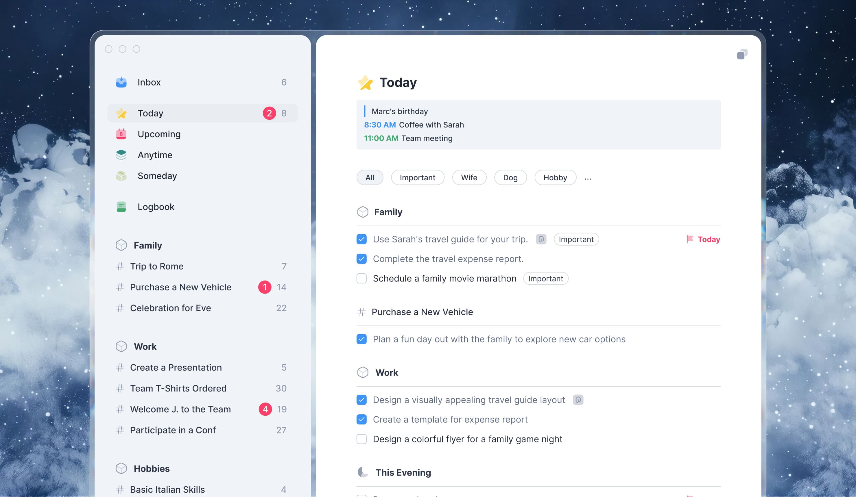 The Stripes To-Do App window, with the sidebar and the Today list, over a starry night sky and clouds