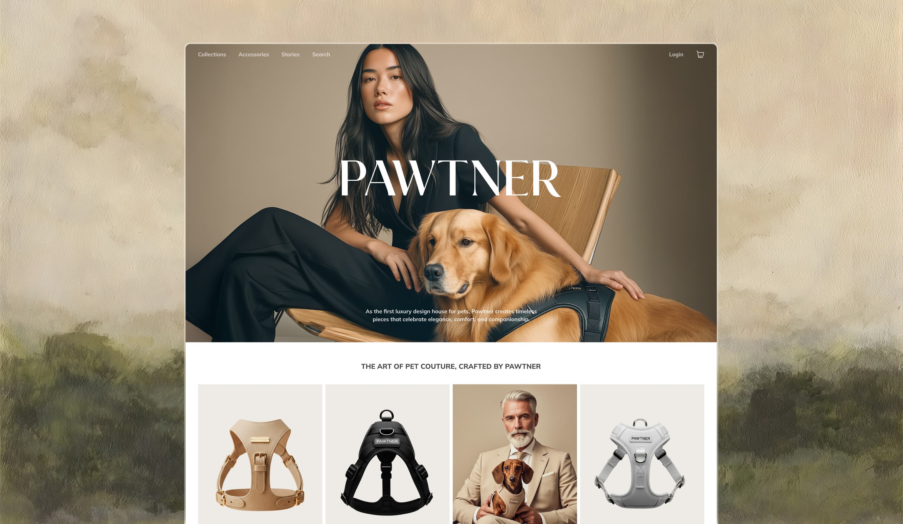 The Pawtner home page, with a woman and her golden retriever in the hero, over a painted sky