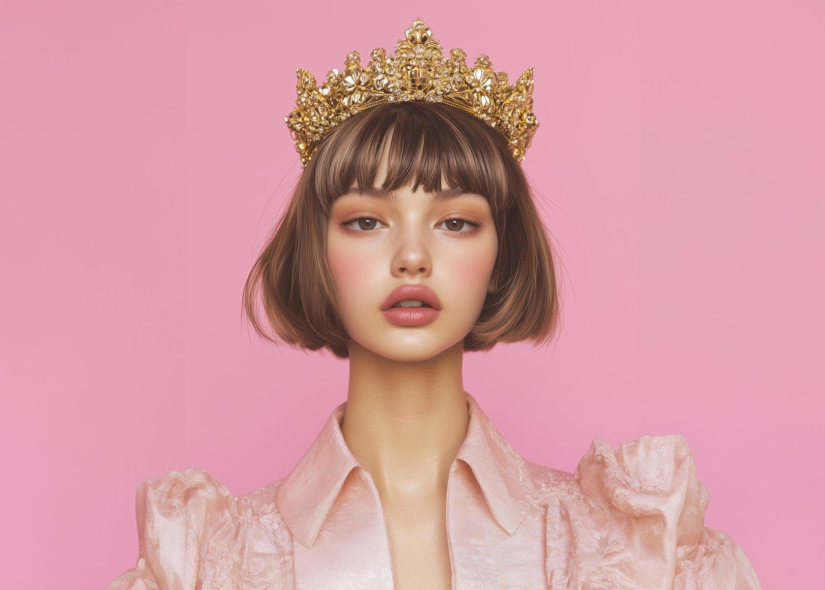 Jovem de franja e cabelo curto com uma coroa dourada ornamentada sobre fundo rosa