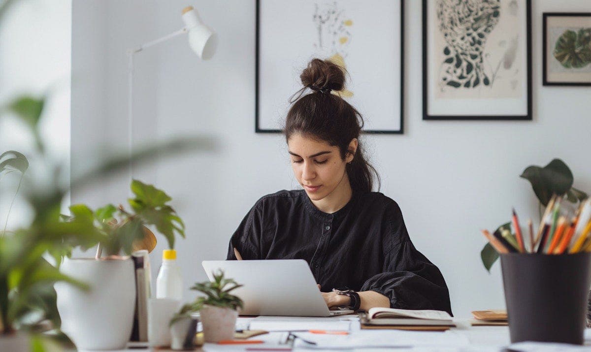 Mulher concentrada trabalhando num laptop, numa mesa com plantas, lápis e quadros ao fundo