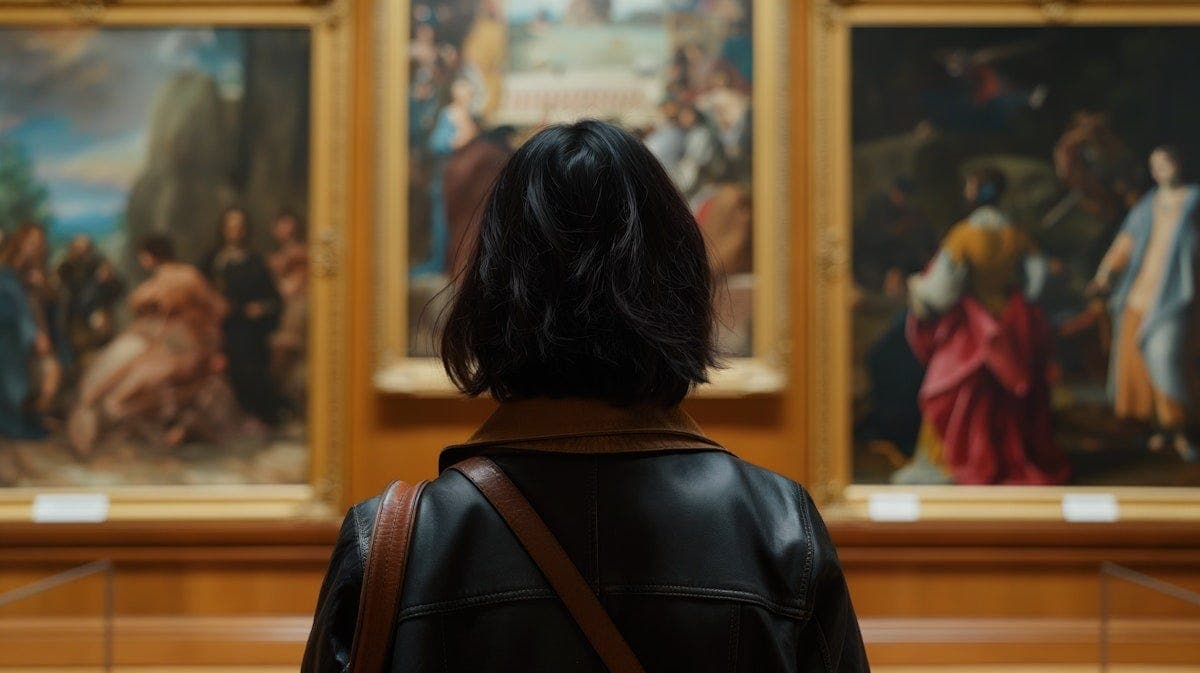 Mulher de costas diante de três pinturas emolduradas num museu