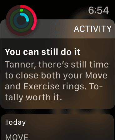 Notificação do Apple Watch incentivando o usuário a fechar os anéis de Movimento e Exercício ainda hoje