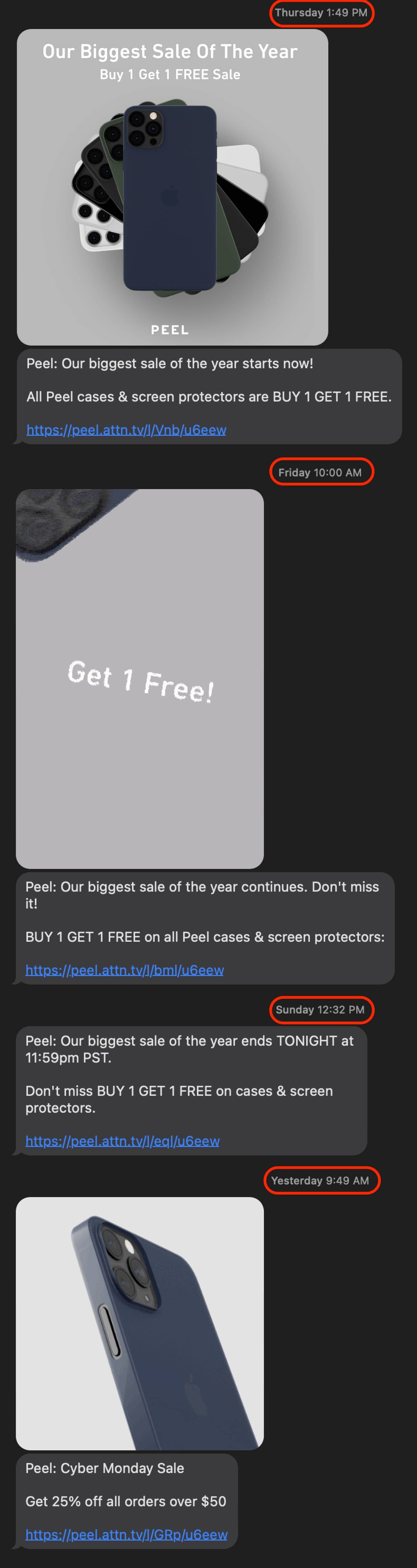 Mensagens de texto promocionais da Peel, com os horários circulados, enviadas em poucos dias seguidos