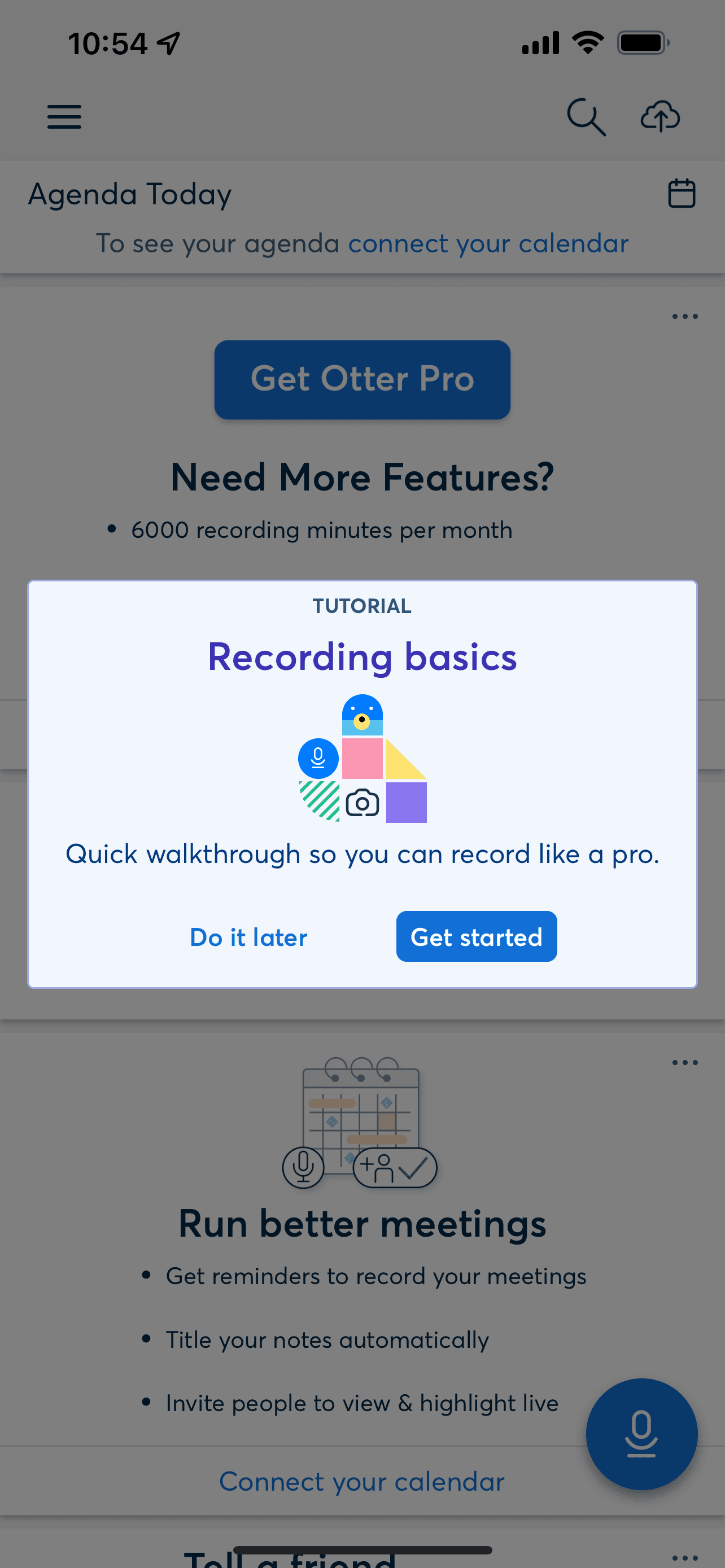 Tela do Otter com um tutorial em janela, Recording basics, oferecendo Get started ou Do it later