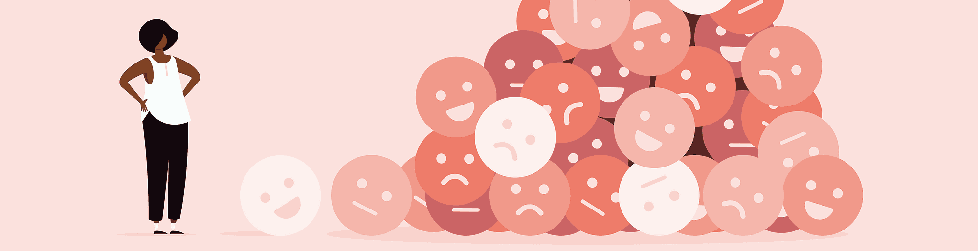 Pessoa em pé diante de uma pilha de rostos rosados com expressões variadas, de feliz a triste