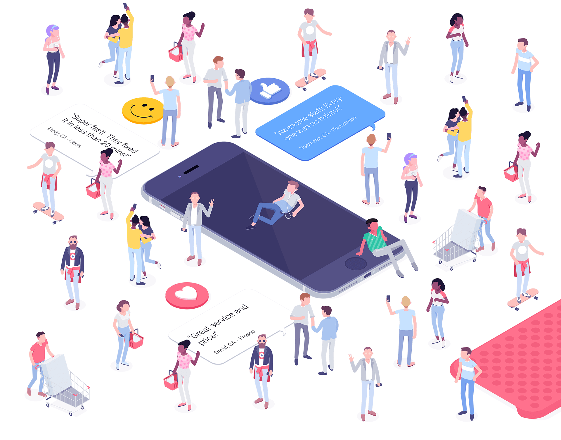 Ilustração isométrica de pessoas em volta de um celular gigante, com balões de elogios de clientes