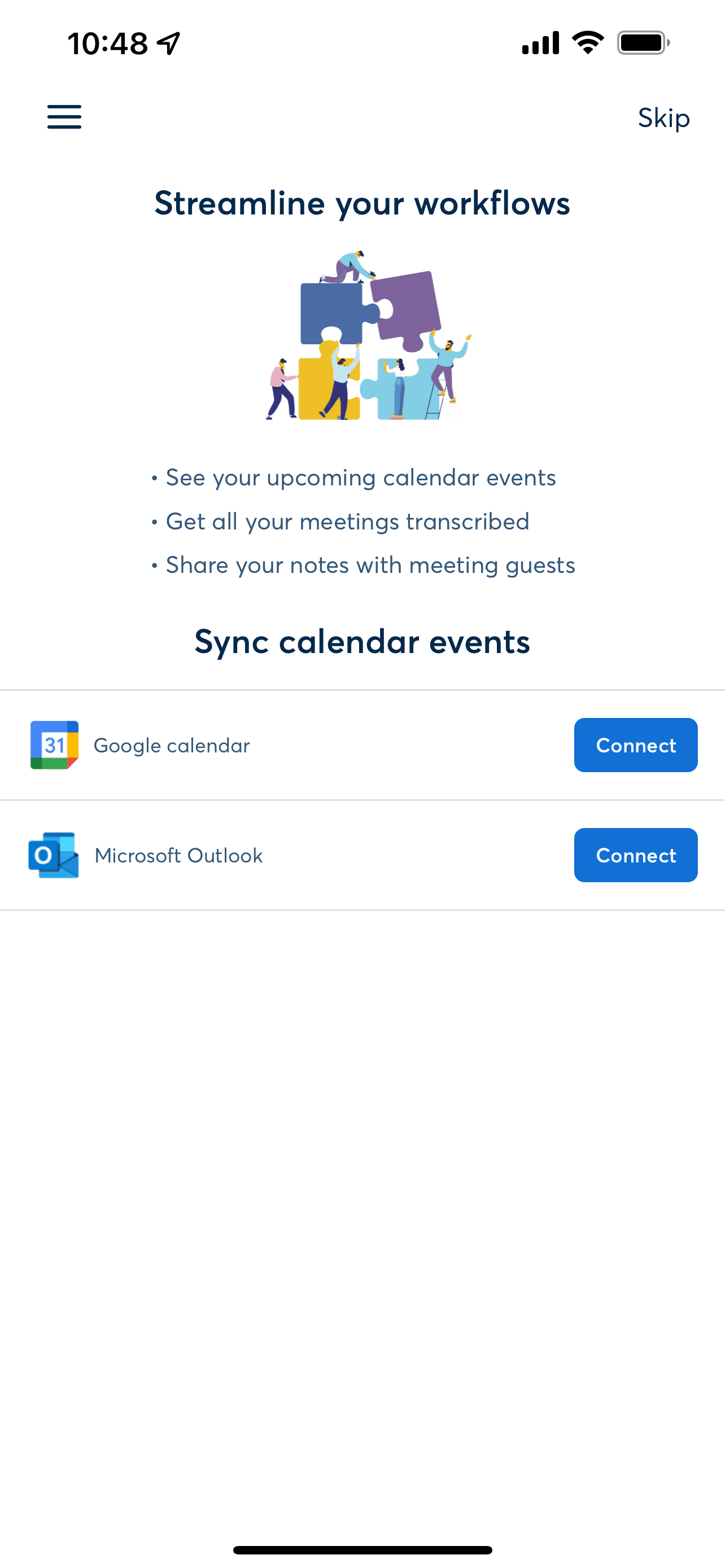 Tela do Otter para sincronizar eventos do Google Calendar ou do Microsoft Outlook