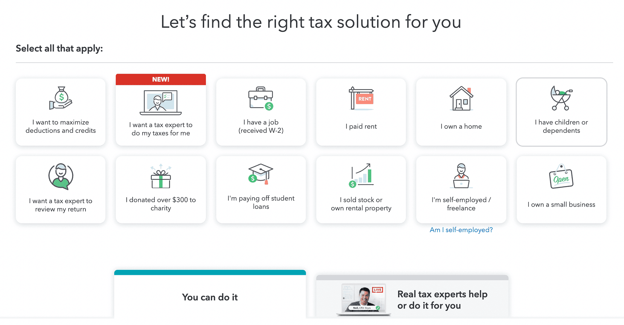 Tela do TurboTax com caixas como Tenho filhos ou Sou autônomo para escolher a solução de imposto