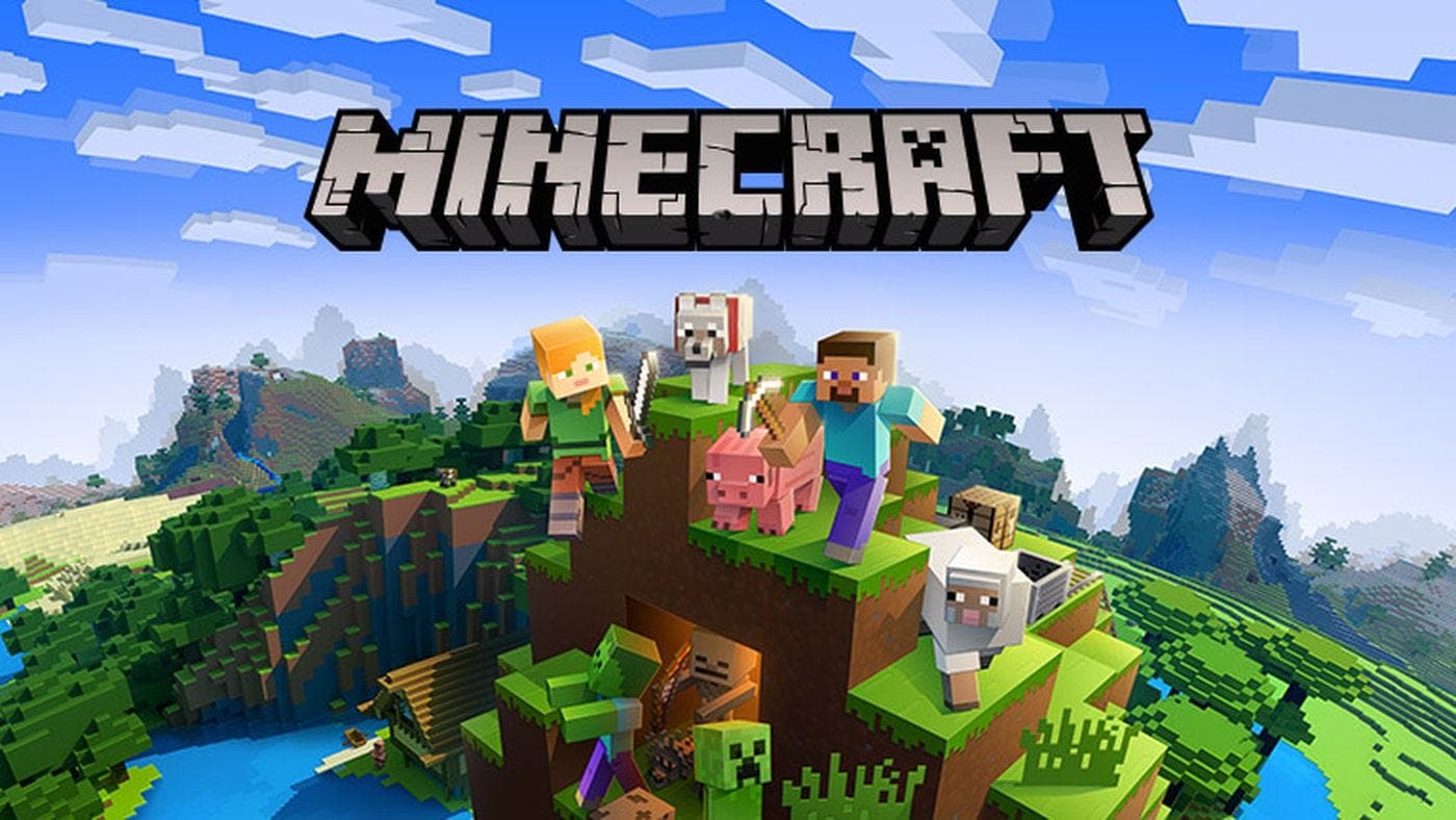 Arte do Minecraft com logo, personagens e animais sobre um bloco de terra num mundo aberto