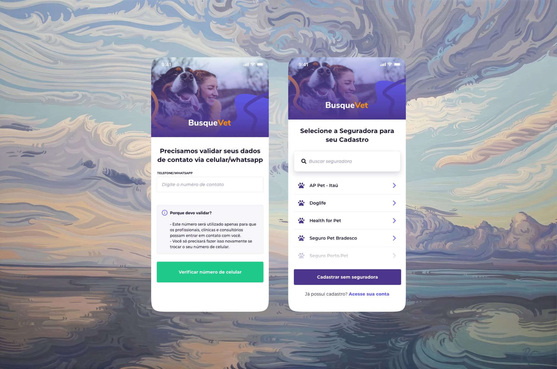 Two BusqueVet sign-up screens: validating the phone number, and choosing the pet insurer, over a swirling sky painting
