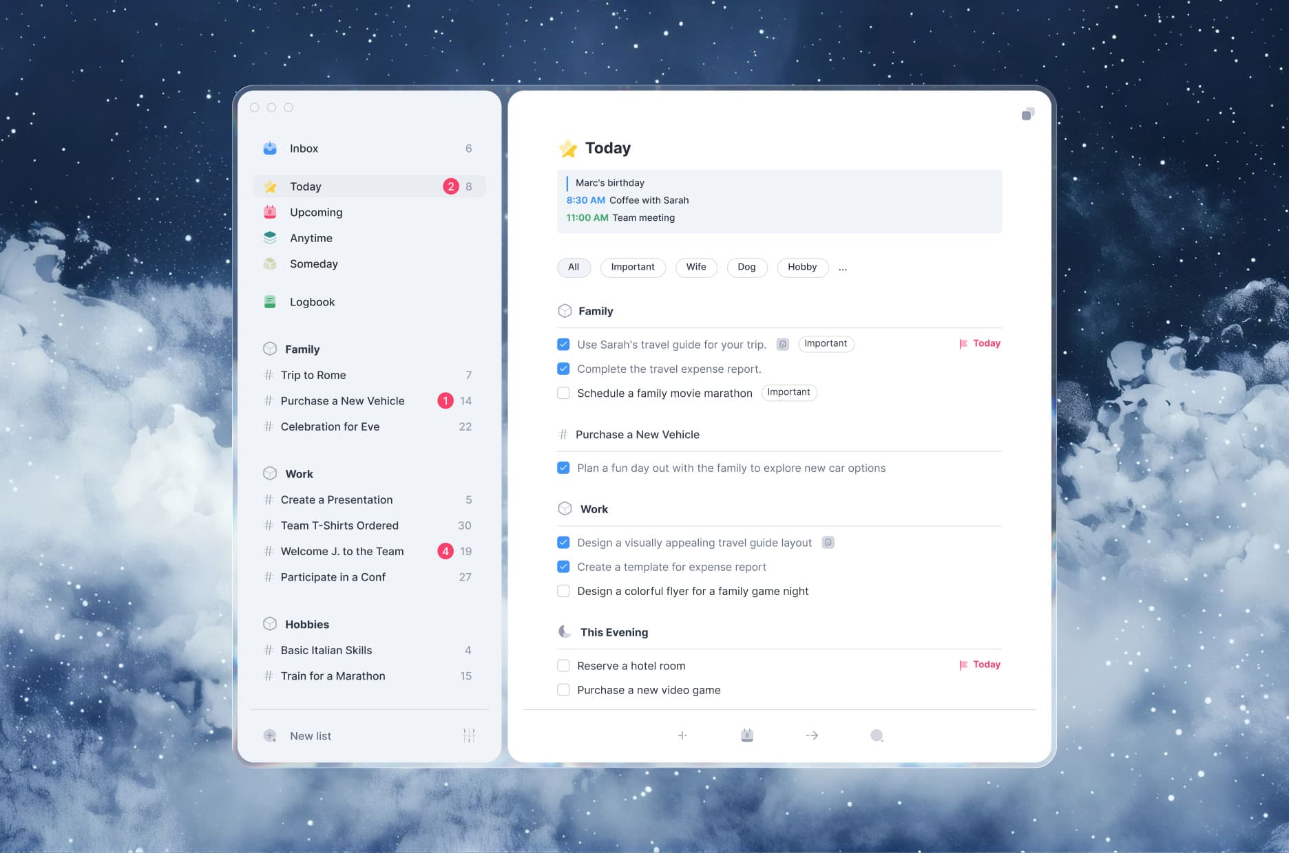 The Stripes To-Do App on desktop, light theme: the sidebar with Inbox, Upcoming, Logbook, and the Family, Work, and Hobbies areas, beside the Today list, over a starry night sky