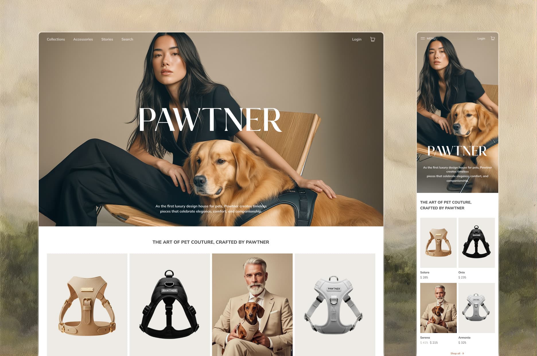The Pawtner home on desktop and on a phone: the hero with a woman in black and her golden retriever, and the first row of harnesses
