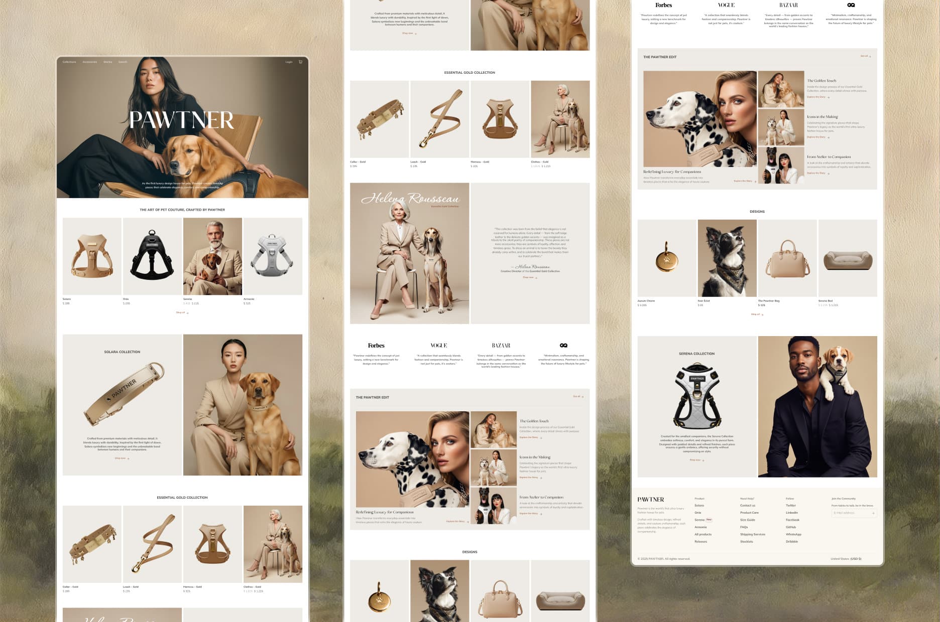The full Pawtner home page, in three columns: the product grid, the collections, the press quotes, and the footer