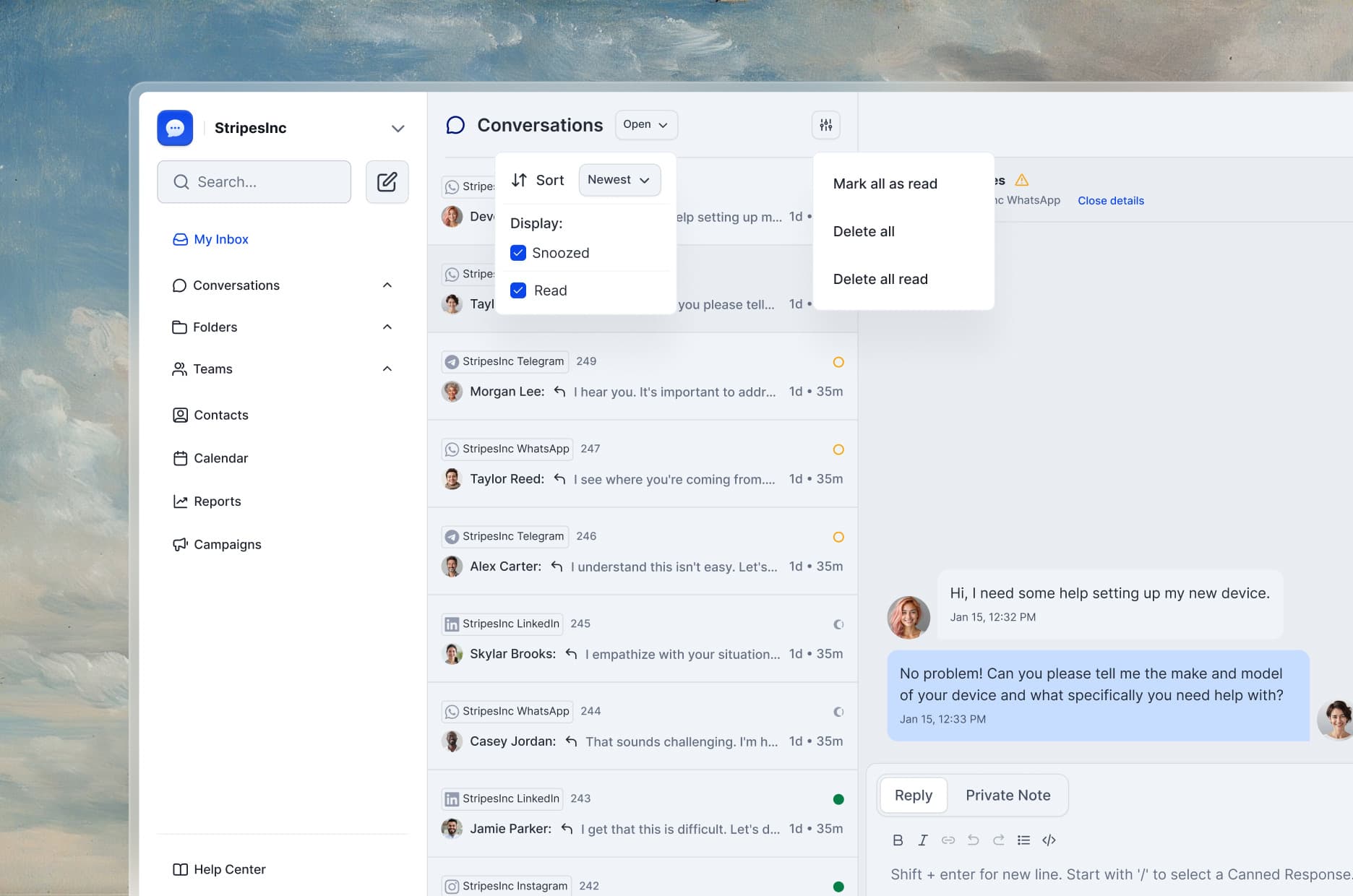 A close-up of the conversation list menus: sort and display options, and the mark all as read and delete actions