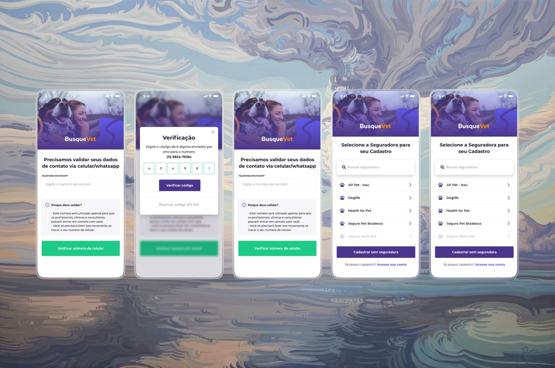 The sign-up flow on five phone screens: the phone number, the six-digit SMS code in a modal, and the insurer list