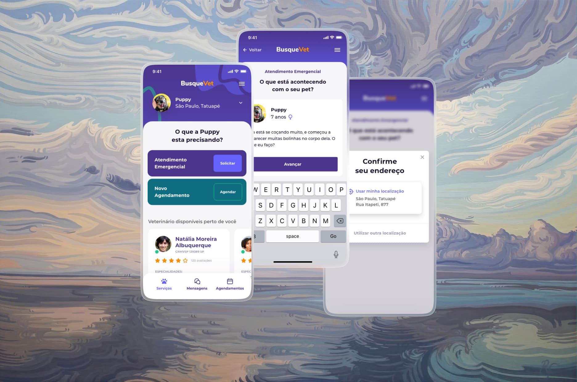 Three app screens: the home with Atendimento Emergencial and Novo Agendamento, the emergency request describing the pet's symptoms, and the address confirmation