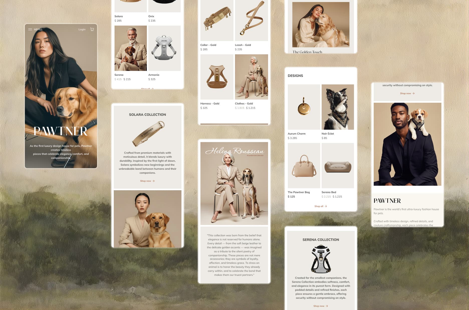 The Pawtner home on phones: the hero, the products, the Solara collection, and the editorial sections