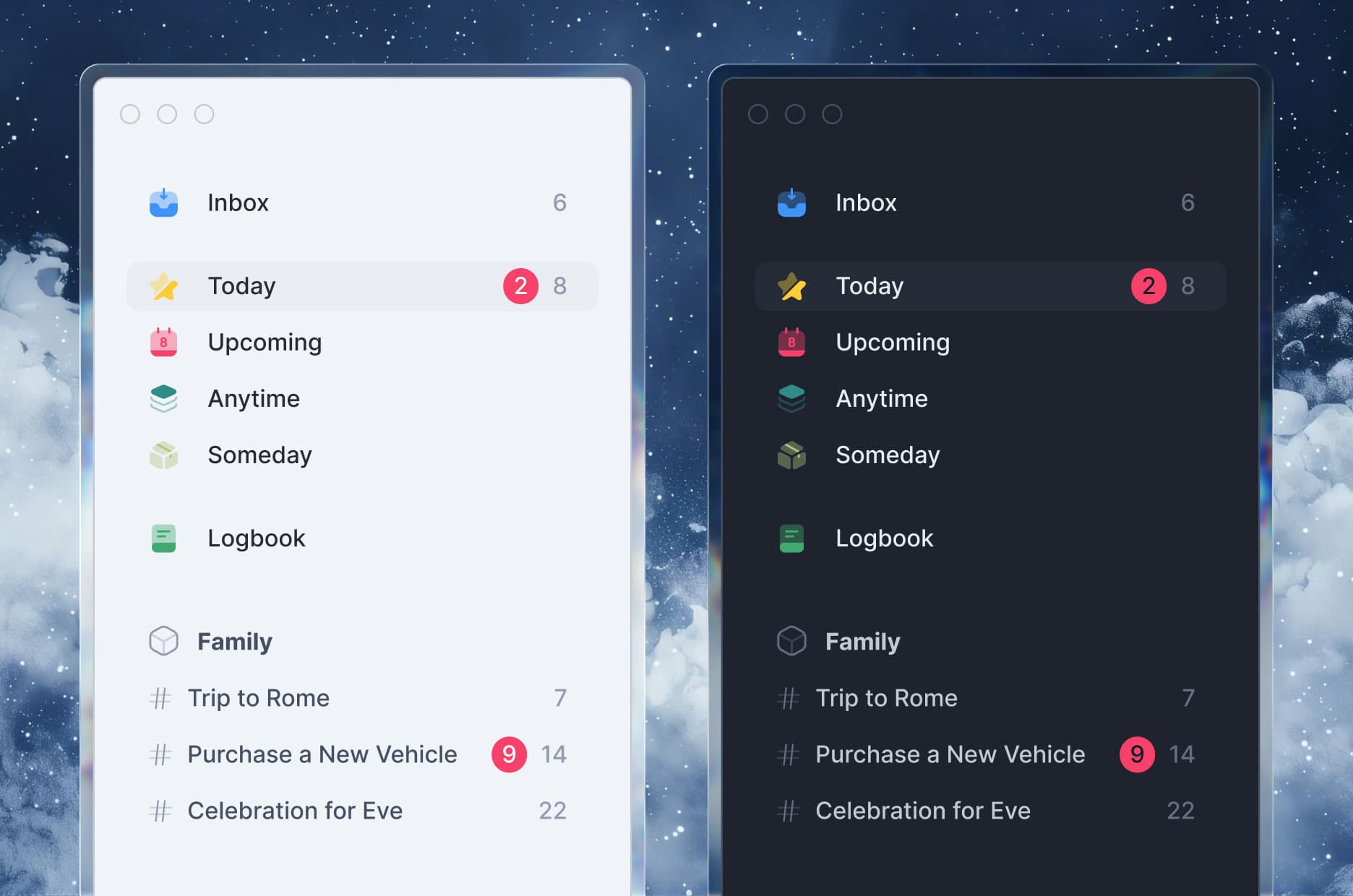 The sidebar close up, in the light and dark themes: Inbox, Today, Upcoming, Anytime, Someday, Logbook, and the Family area with its projects