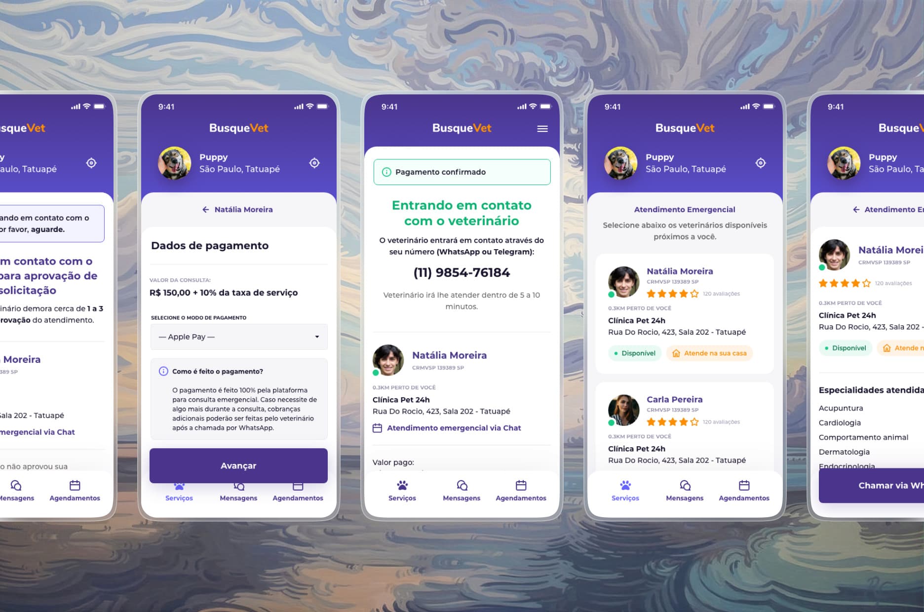 The emergency flow on five phone screens: the available vets, a vet profile, the payment details, the payment confirmed, and the vet being contacted