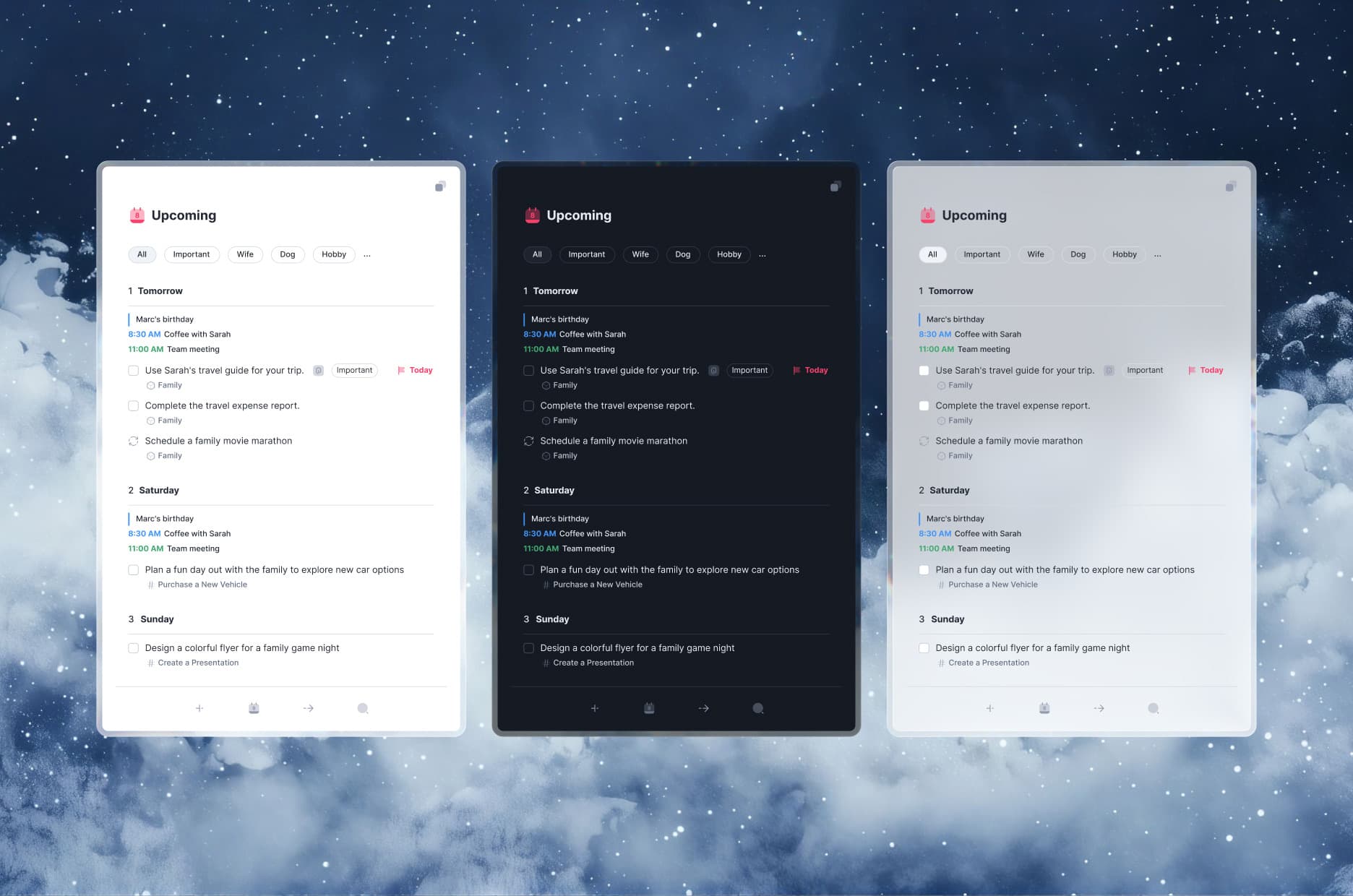 The Upcoming view in the light, dark, and translucent themes: tomorrow, Saturday, and Sunday, each with its events and tasks