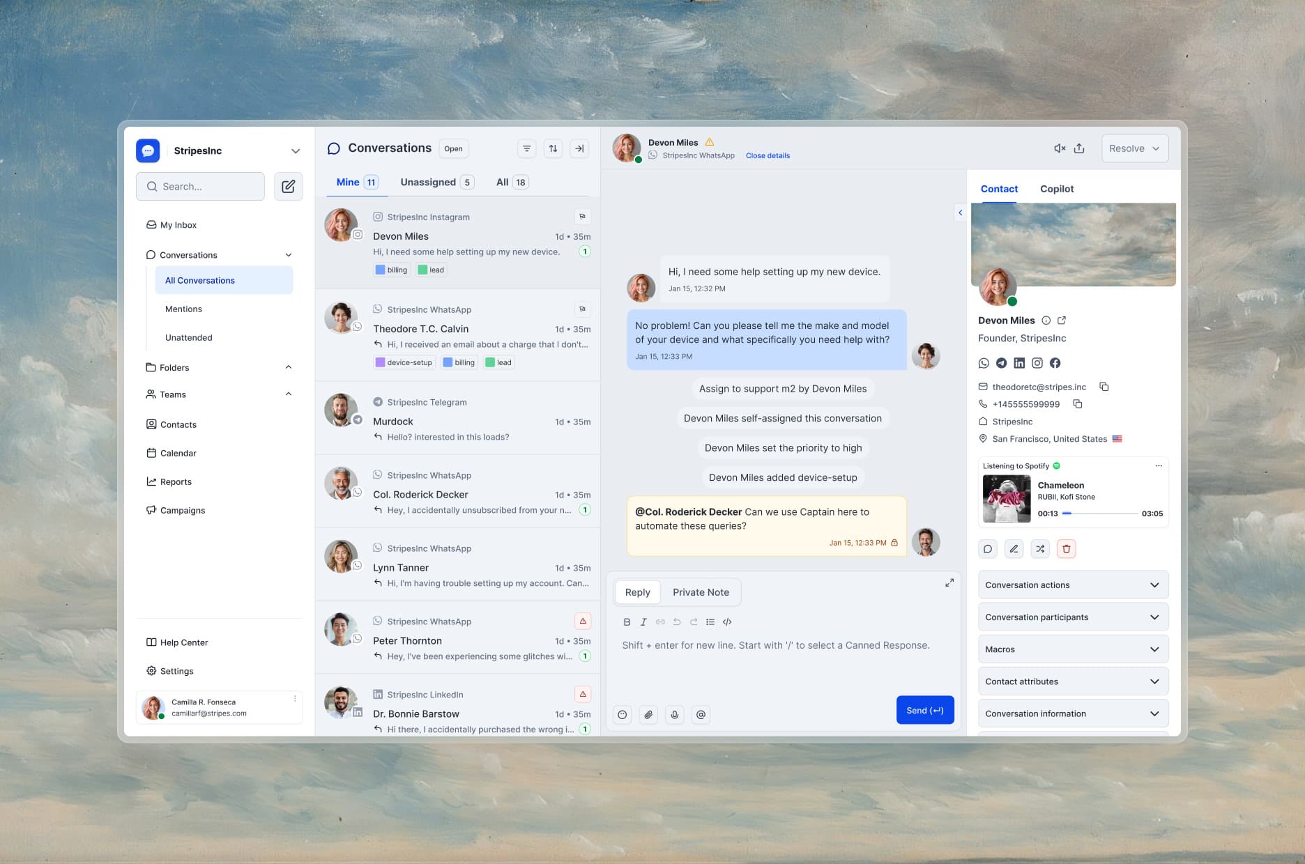 The conversation list with the Mine, Unassigned, and All tabs, the open chat with its activity log, and the contact panel