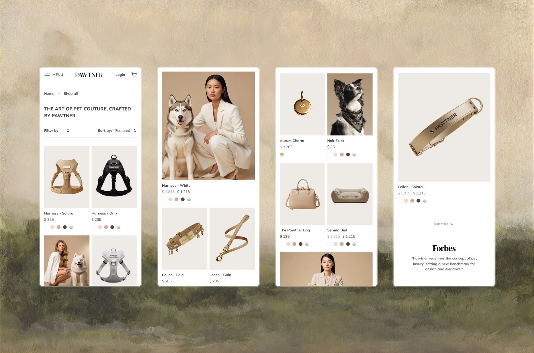 The shop-all page on four phone screens: the filters and sort, the harnesses, collars, and accessories, and a Forbes press quote