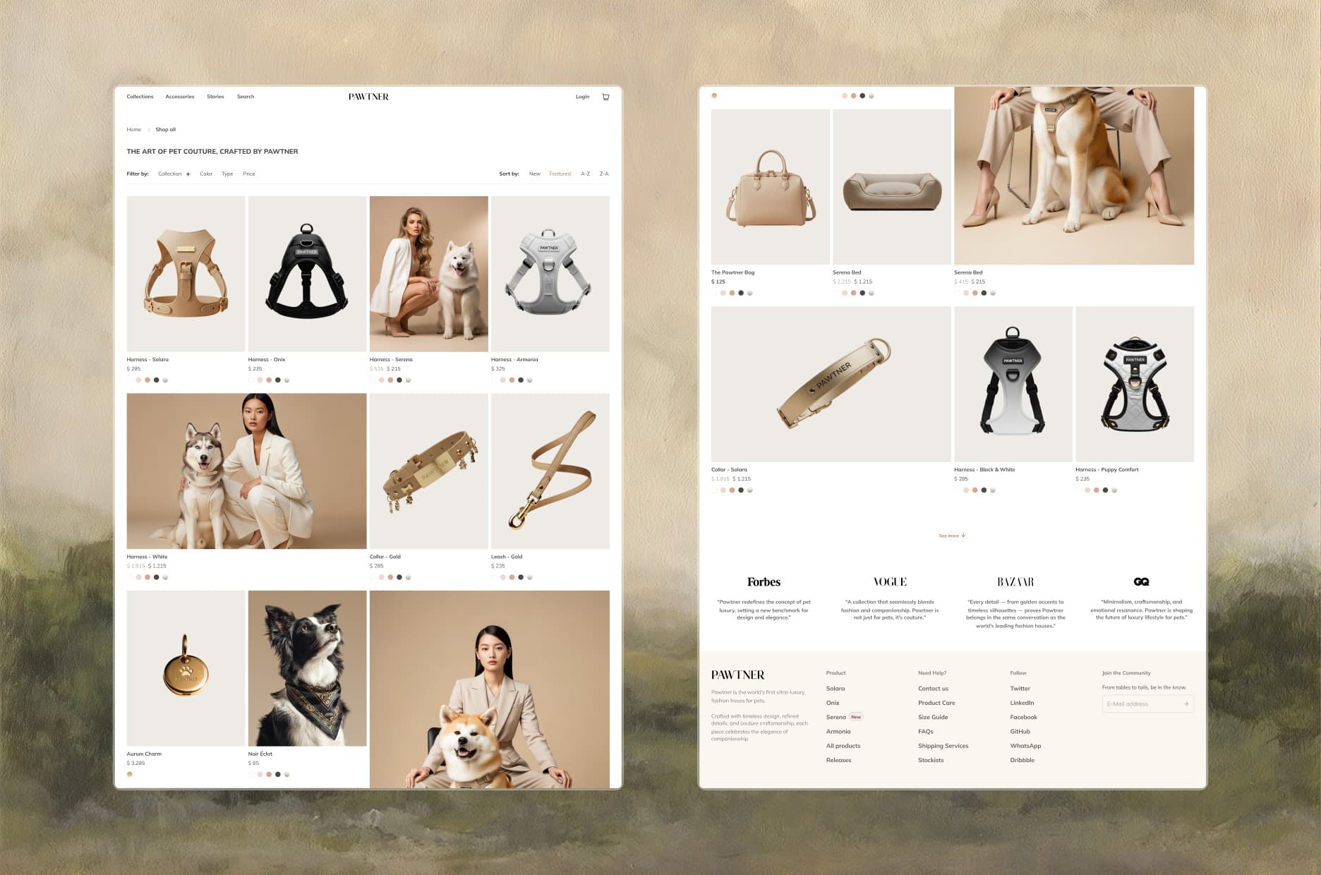 The shop-all page on desktop, with the filter bar, the product grid, the press quotes, and the footer