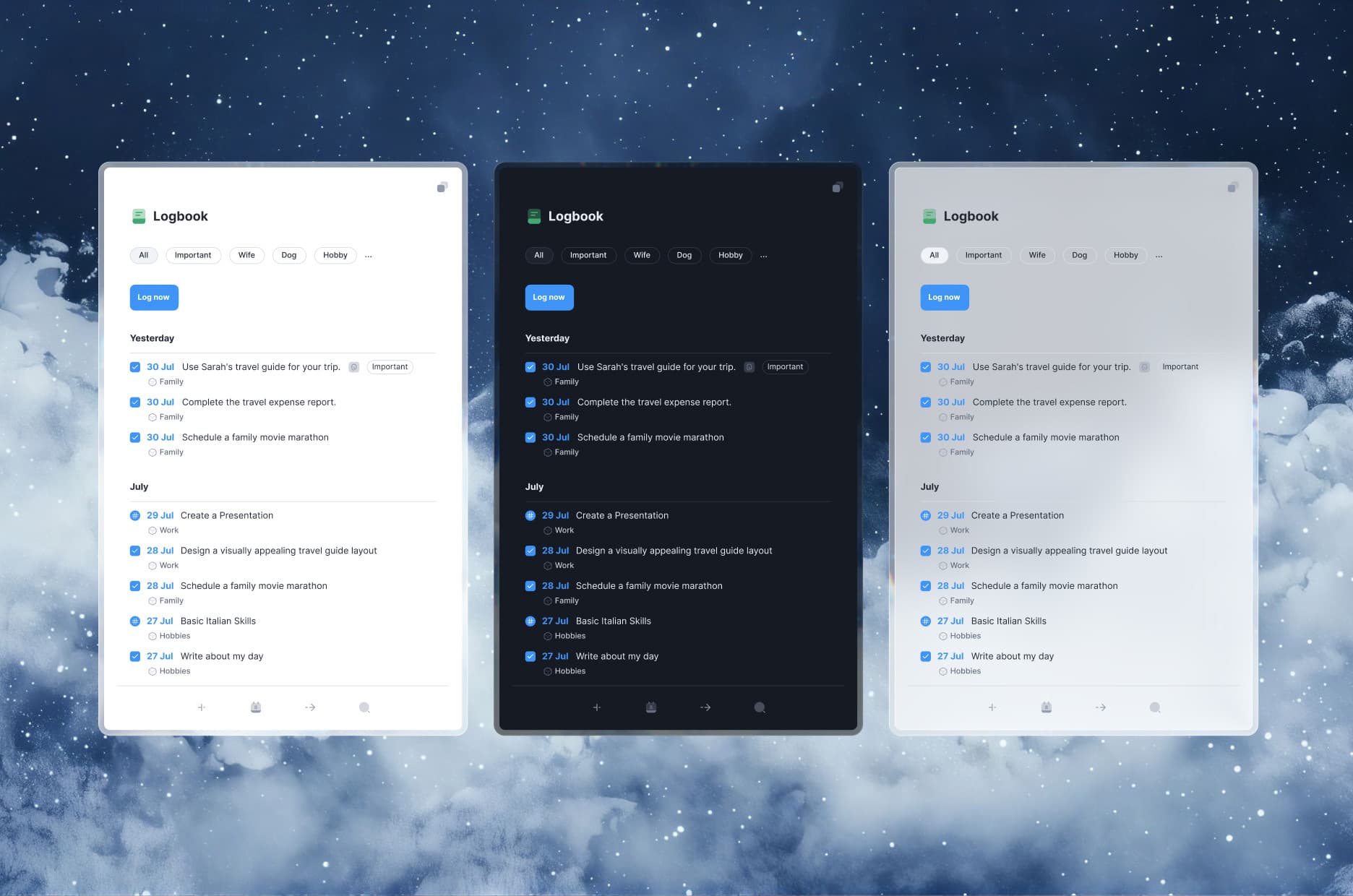 The Logbook in the light, dark, and translucent themes: a Log now button, and the tasks done yesterday and in July