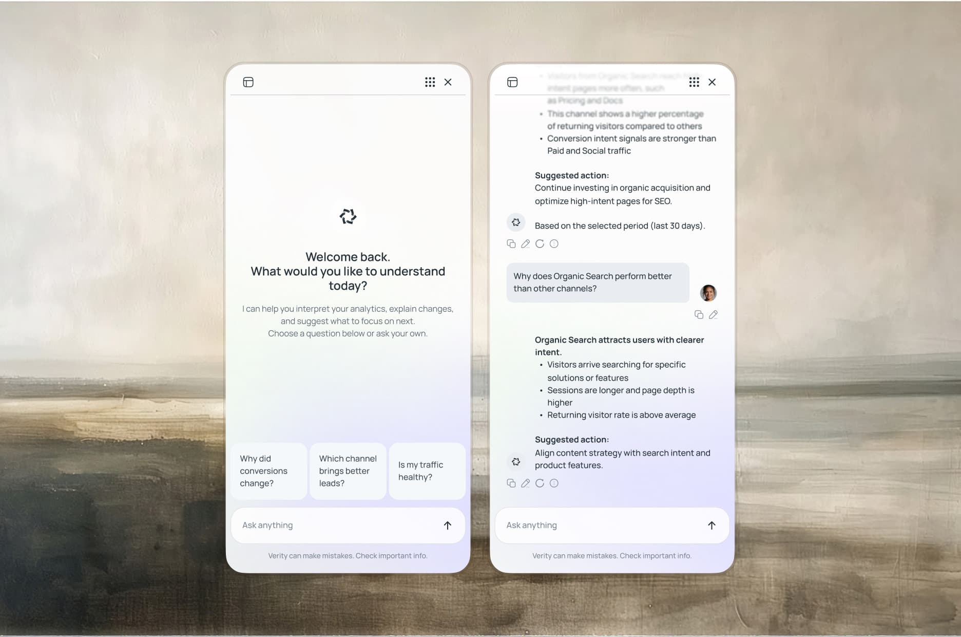 Two assistant panels: the welcome message with three suggested questions, and an answer to why Organic Search performs better, with its reasons and a suggested action