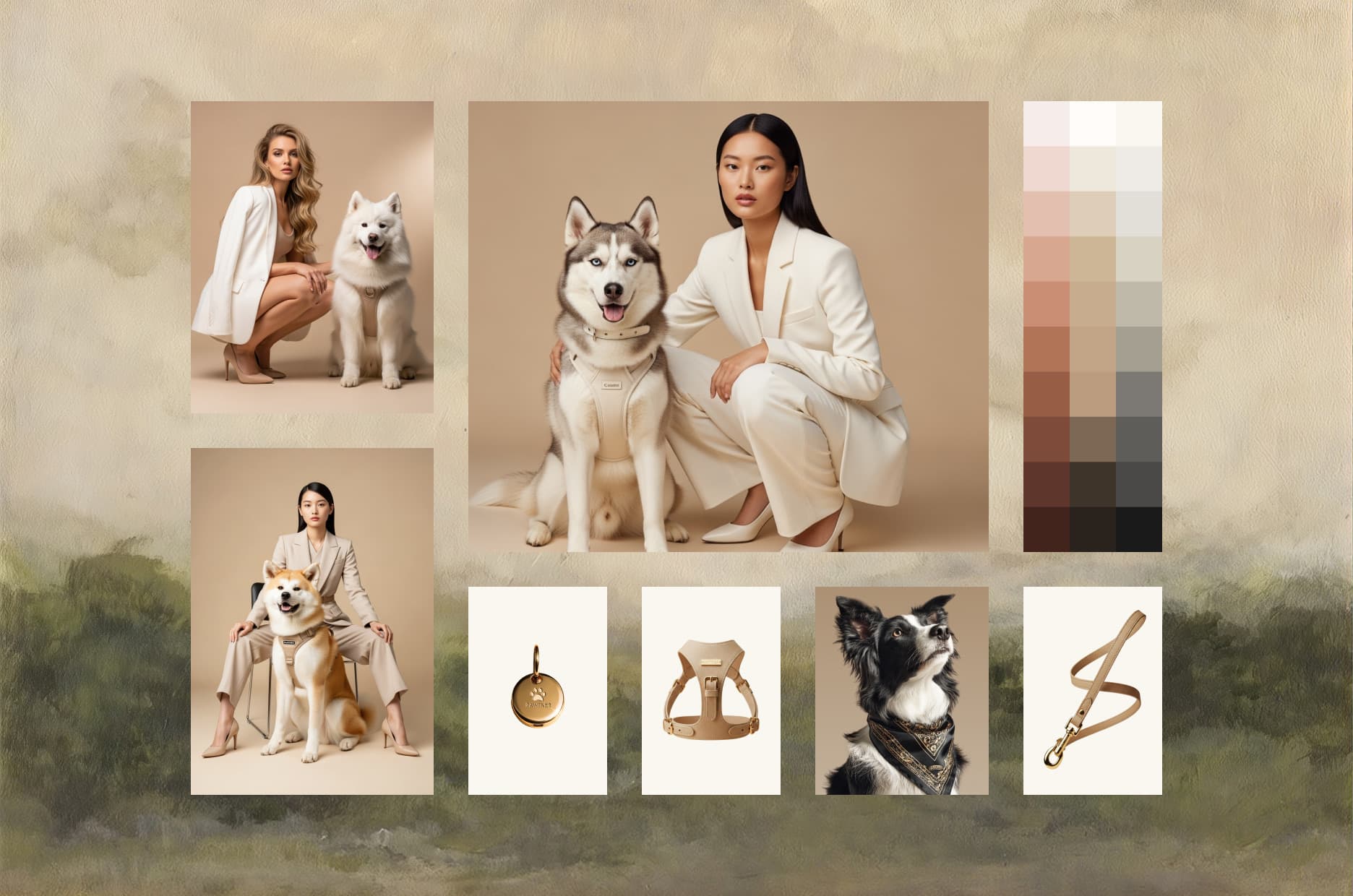 The campaign mood board: AI-generated portraits of women with their dogs, the gold charm, the harness, the leash, and the beige-to-brown palette