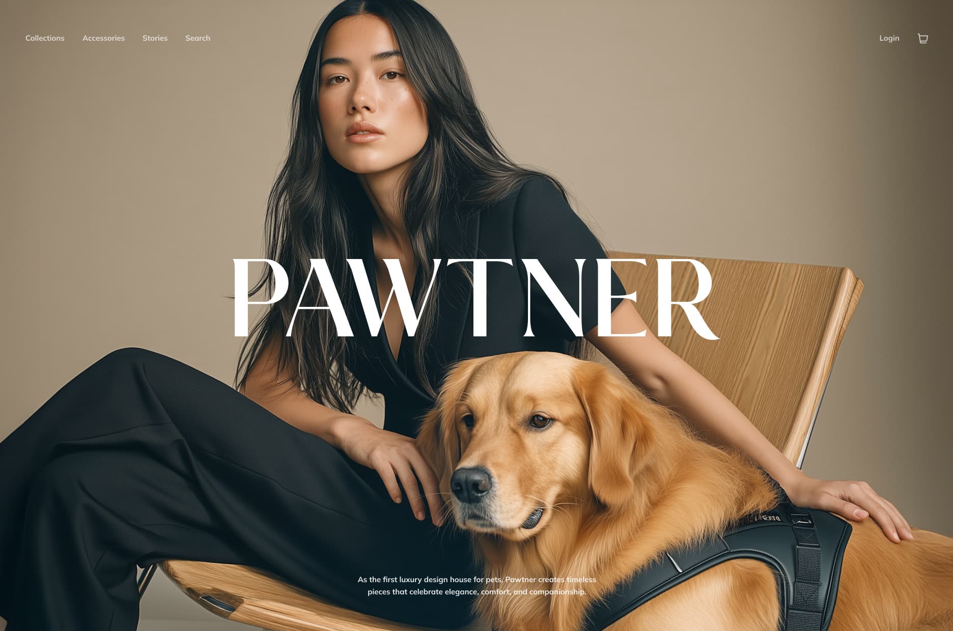 The campaign hero image in full: a woman in black with a golden retriever, and the Pawtner wordmark