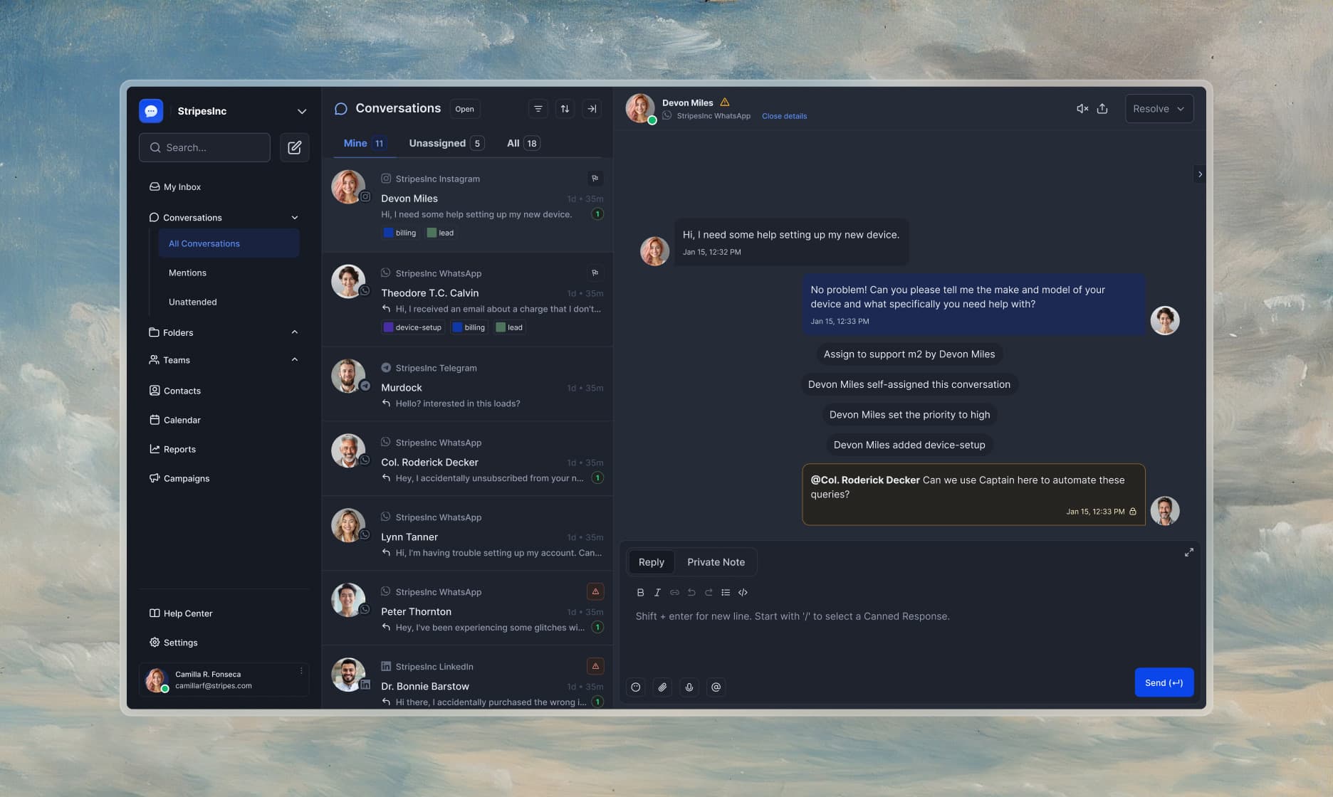 The conversation view in the dark theme, with the details panel collapsed