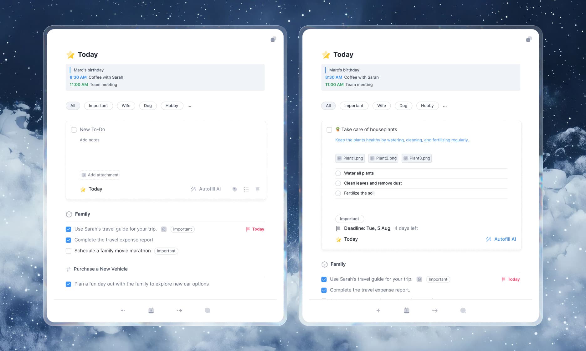 The Today view in the light theme, in two windows: a new to-do open for notes, and a houseplants to-do with attachments, a checklist, and a deadline