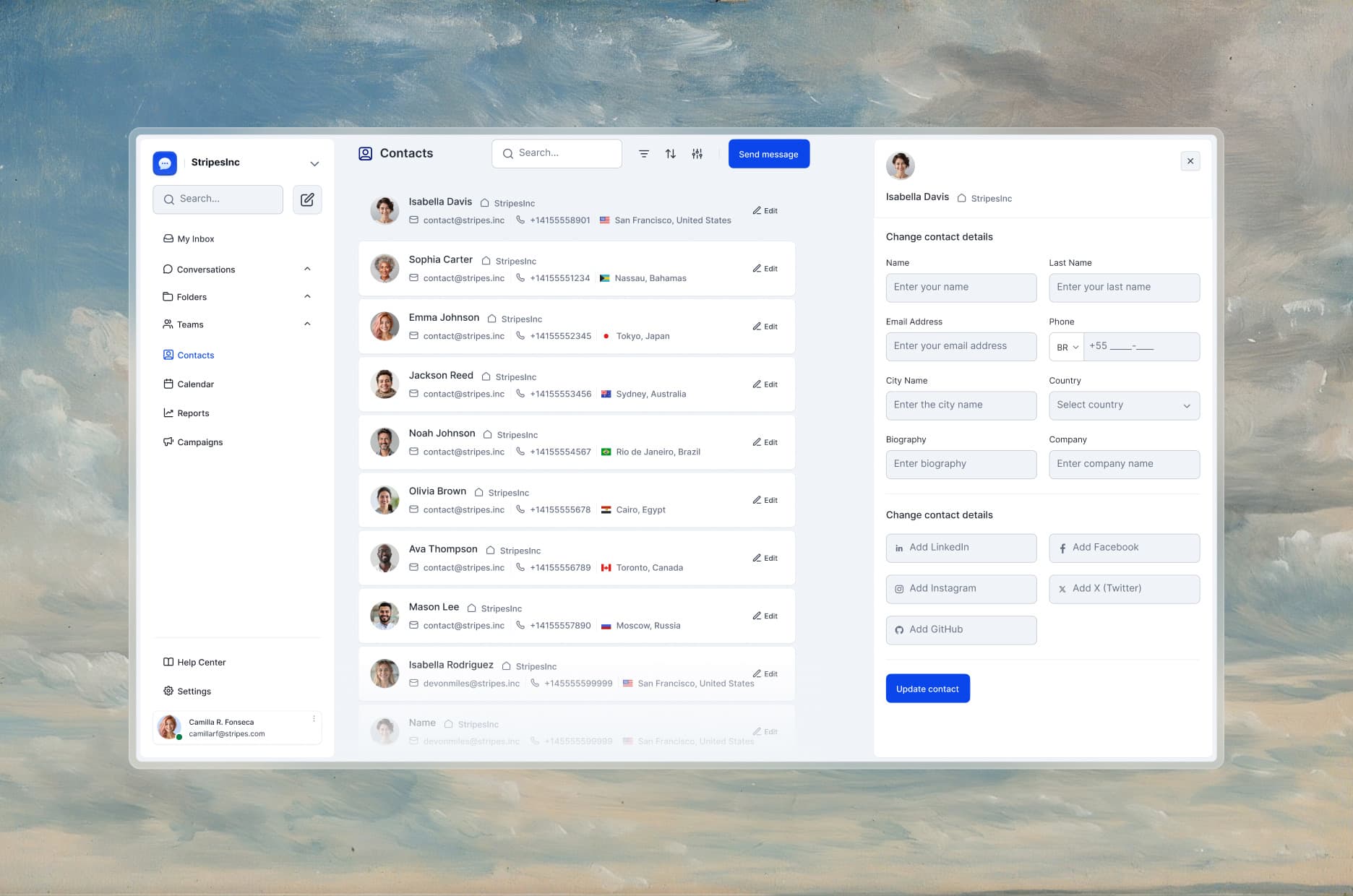 The Contacts page: the list of contacts with company, email, phone, and location, and the panel to change a contact's details