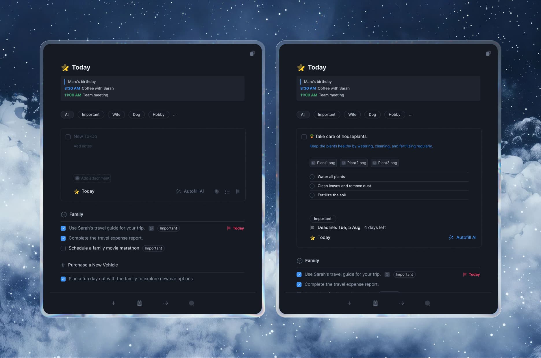 The same two Today windows in the dark theme