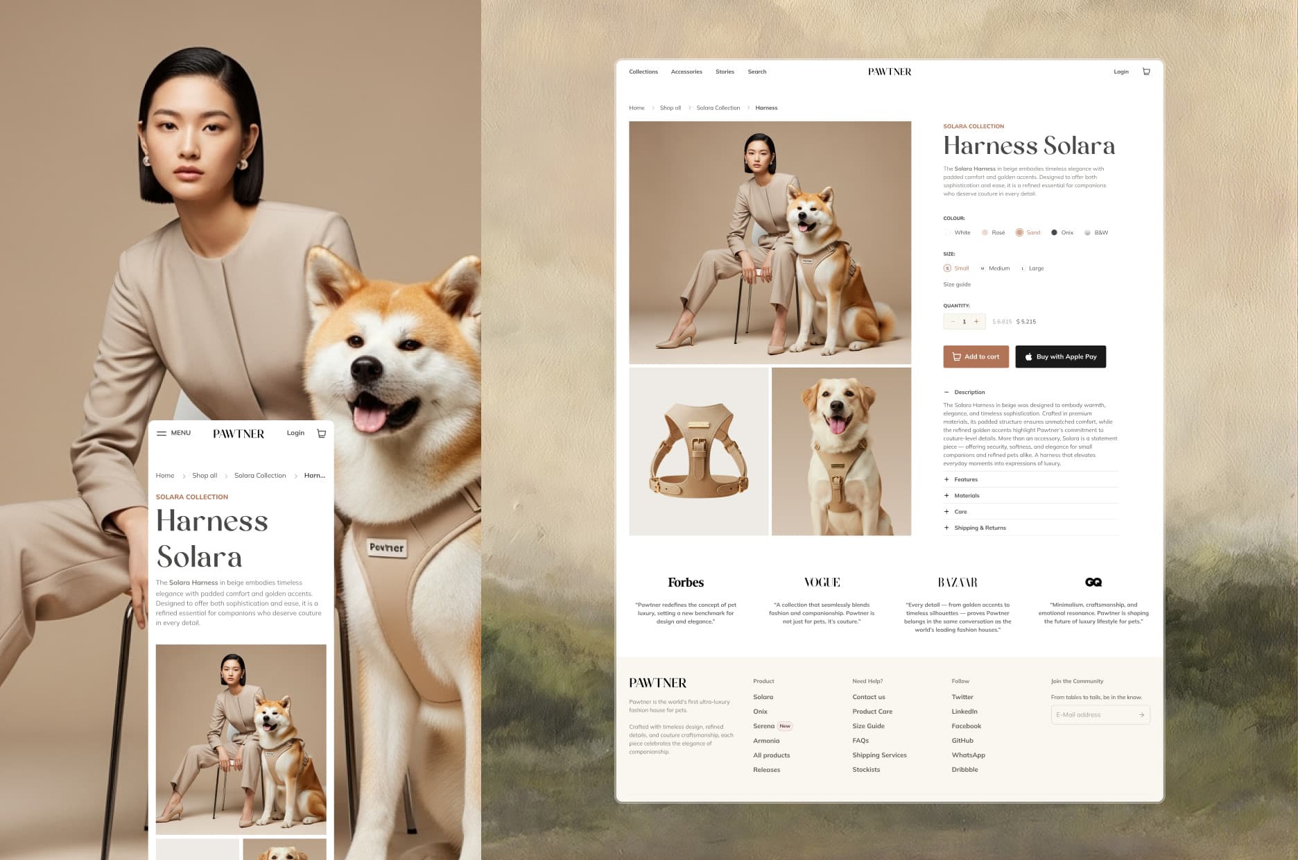 The Harness Solara page on a phone, over a close-up of the model and her Akita, beside the desktop page with the photos and the options