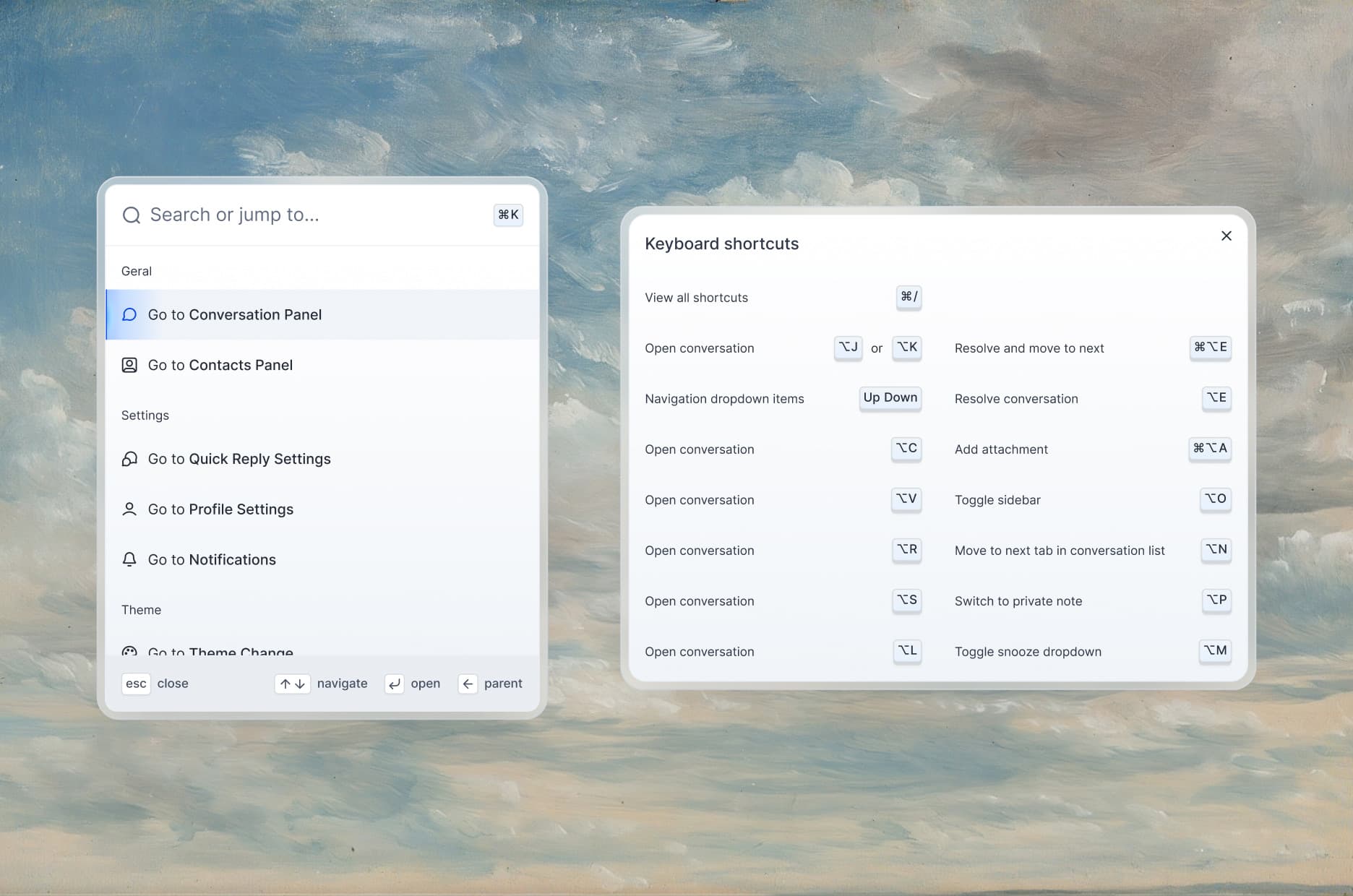 The search or jump to command menu, next to the keyboard shortcuts panel